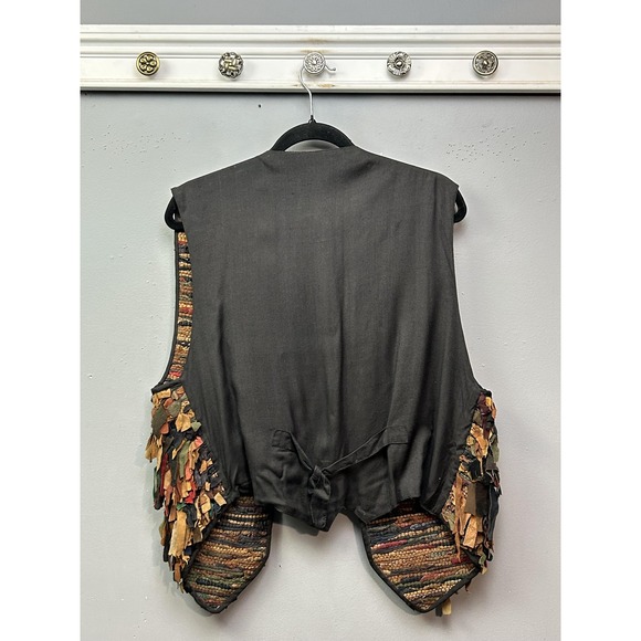 A J Vest Womens Medium Black Multicolor Leather Shag Patchwork Boho India - Picture 2 of 8